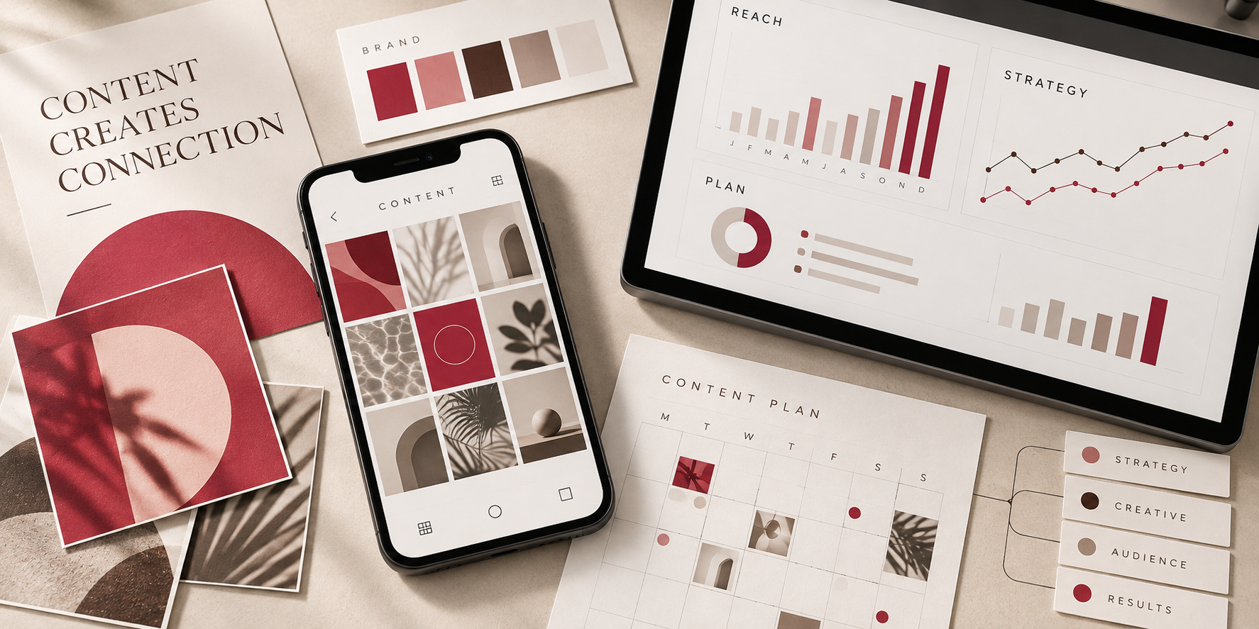 Brand strategy materials — content plan, analytics dashboard, brand palette and phone mockup